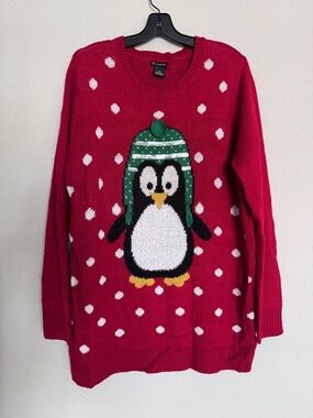 ND New Directions Red Polka Dot Penguin Sequin Ugly Christmas Sweater Size XL